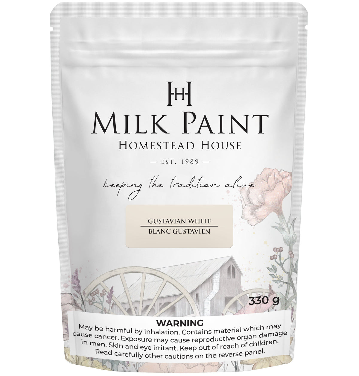 330g Homestead House Gustavian White Milk Paint with floral design and warning label at the bottom.