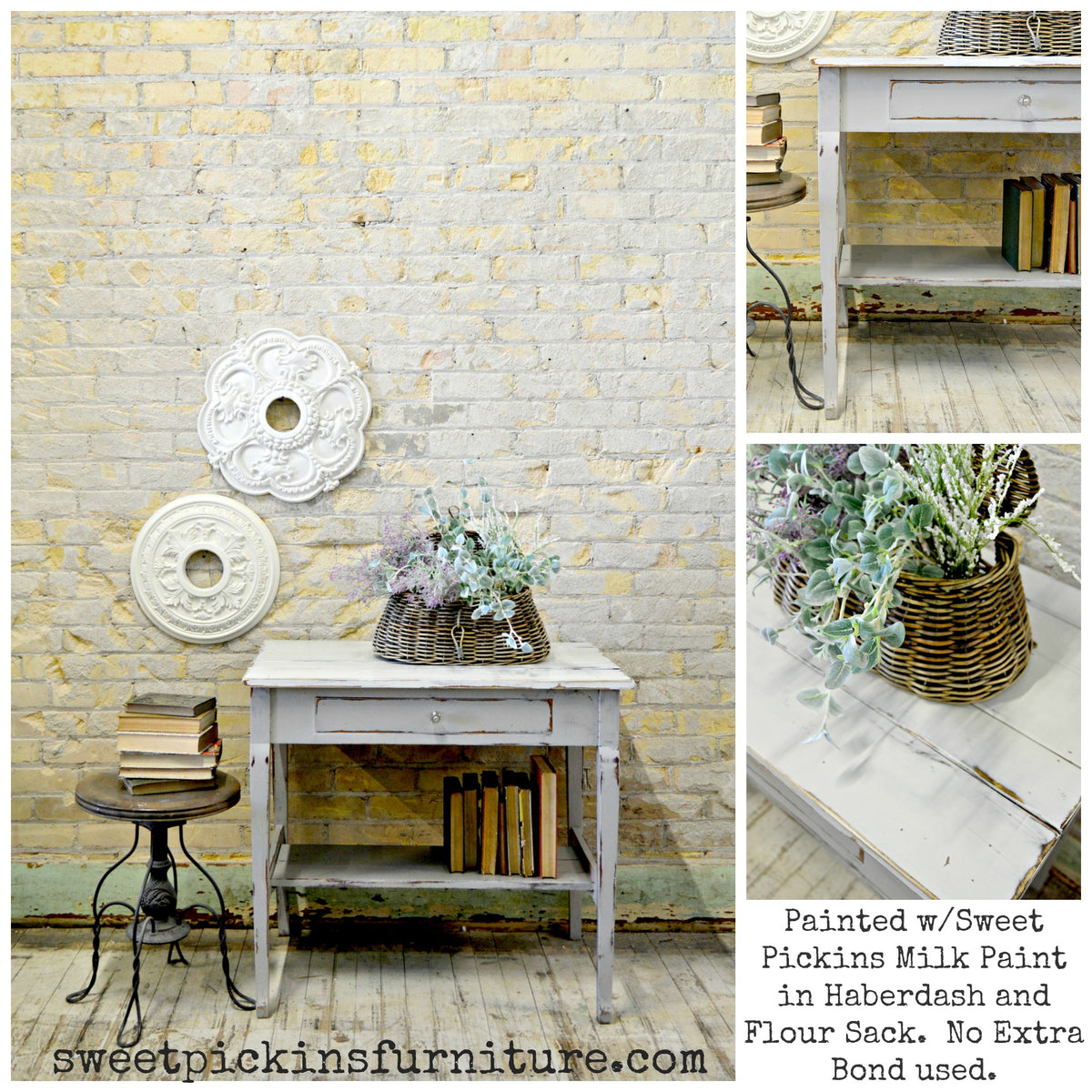 Table painted with Haberdash by Old Fashioned Milk Paint, shown with a flower basket and books.