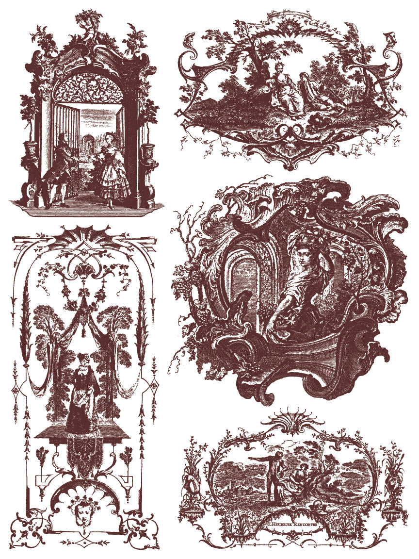 Six French farmhouse illustrations with floral and architectural details by I.O.D. Hameau de la Reine Paint Inlay.