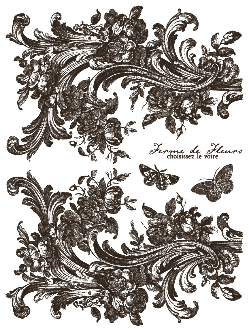 Hameau de la Reine Paint Inlay by I.O.D. with ornate florals, butterflies, and French text for decor.