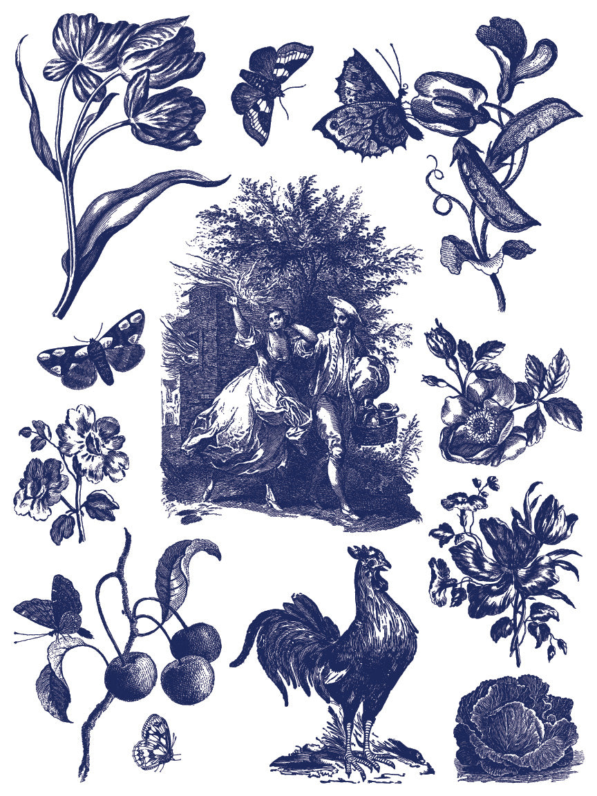 Hameau de la Reine Paint Inlay by IOD featuring vintage botanicals, butterflies, and figures.