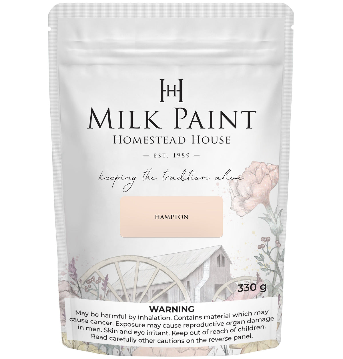 Homestead House Hampton Milk Paint 330g with floral and wagon art on the front label.
