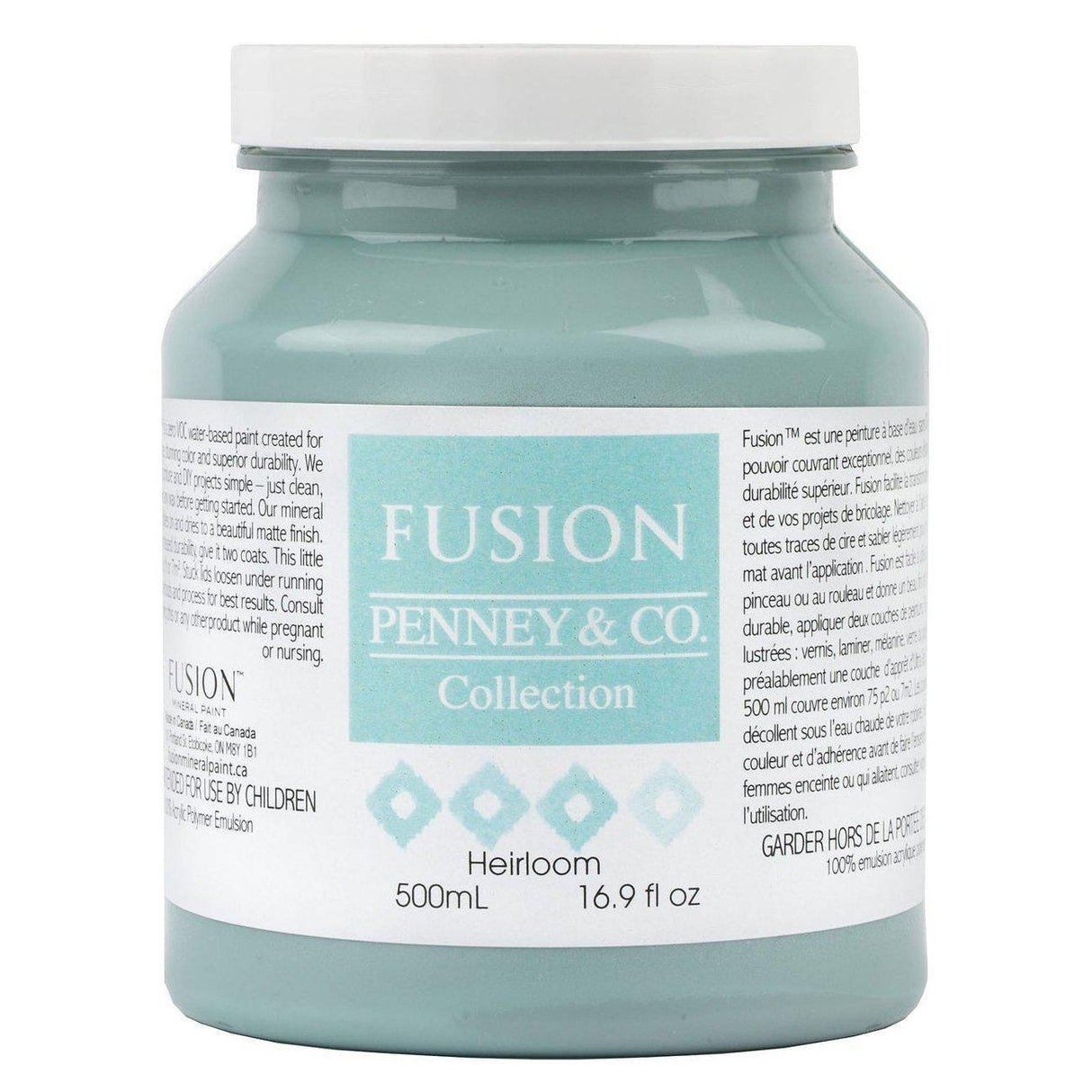 500mL jar of Heirloom Fusion Mineral Paint (Seasonal) in vintage blue with label visible.