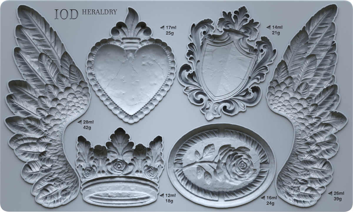 IOD Heraldry Mould with heart, shield, wings, crown, and rose shapes; includes volume info; brand: I.O.D.