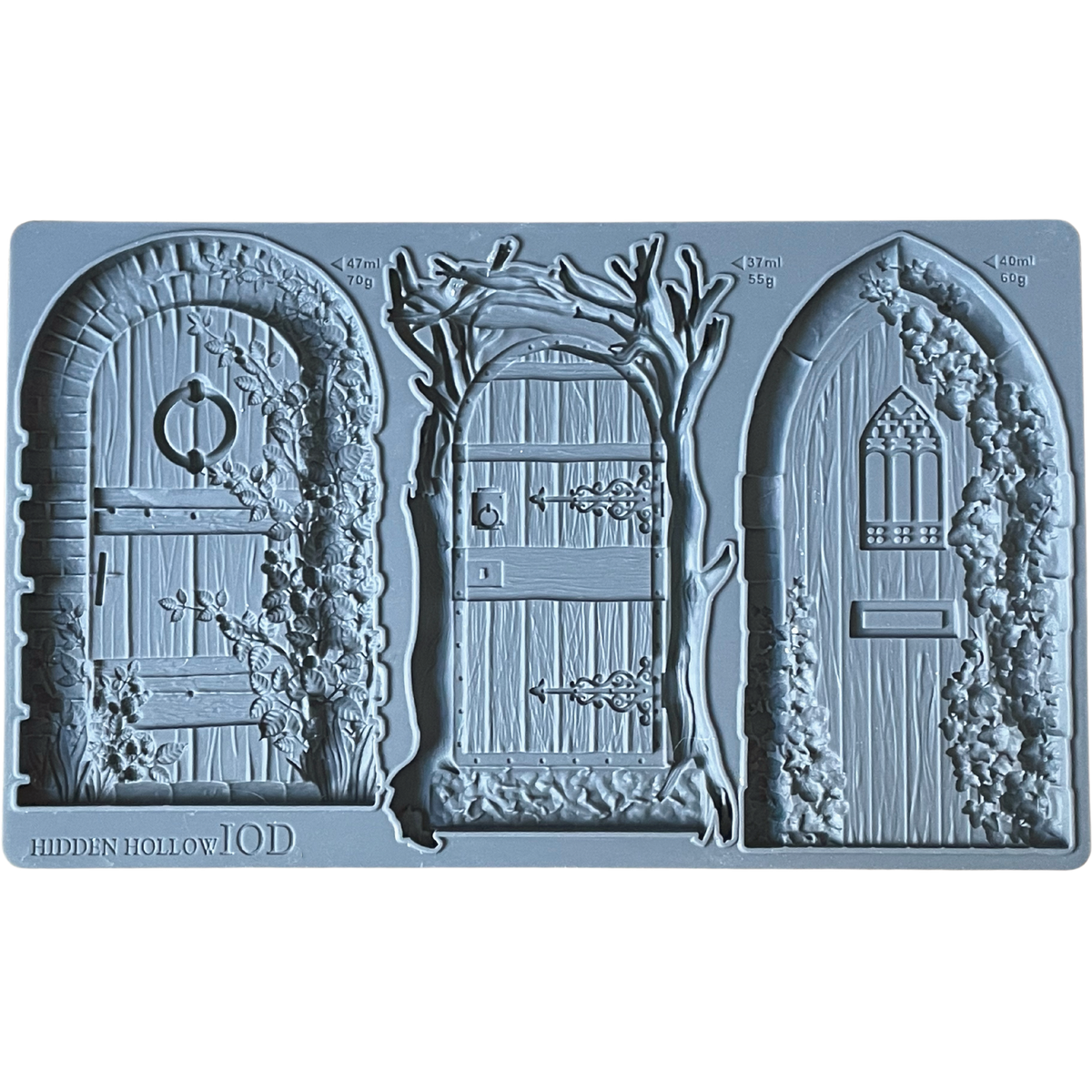 I.O.D. Hidden Hollow Mould with three fairy door designs, each shown with dimensions labeled above.