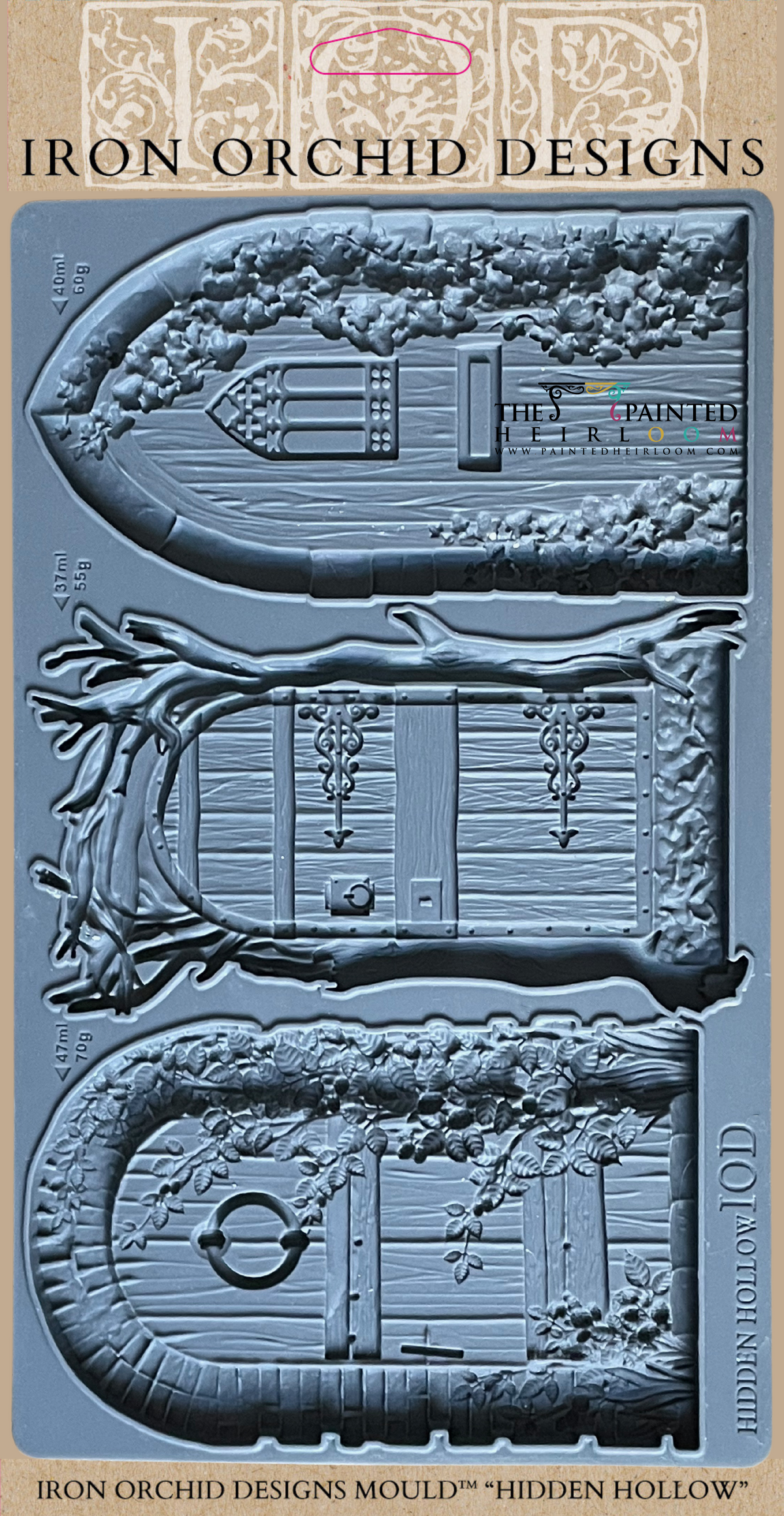 Gray silicone Hidden Hollow Mould by IOD featuring three whimsical door designs, Iron Orchid Designs brand.