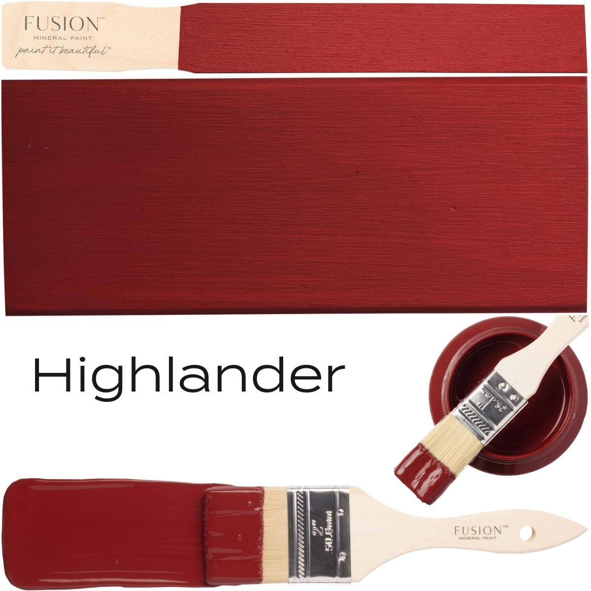 Paintbrush, paint swatch, can, and Highlander Fusion Mineral Paint by Fusion Mineral Paint displayed together.