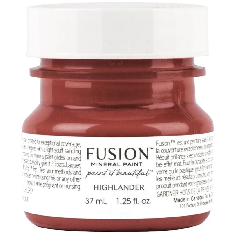 37 mL Highlander Fusion Mineral Paint in scarlet red, all-in-one formula, with branded label and white cap.