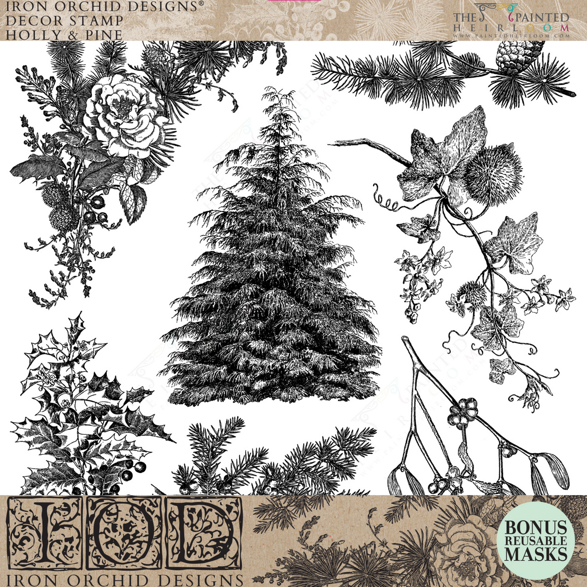 Black and white pine, holly, rose, and ivy art for 2025 I.O.D. Holly & Pine Stamp holiday decor.