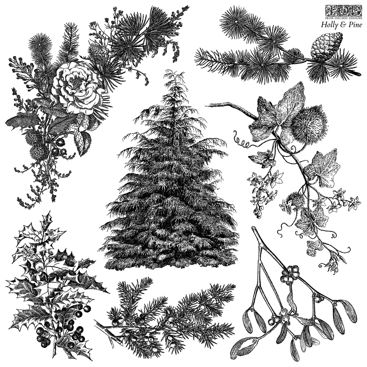 2025 Limited Holly & Pine Stamp by I.O.D. featuring black and white botanical design.
