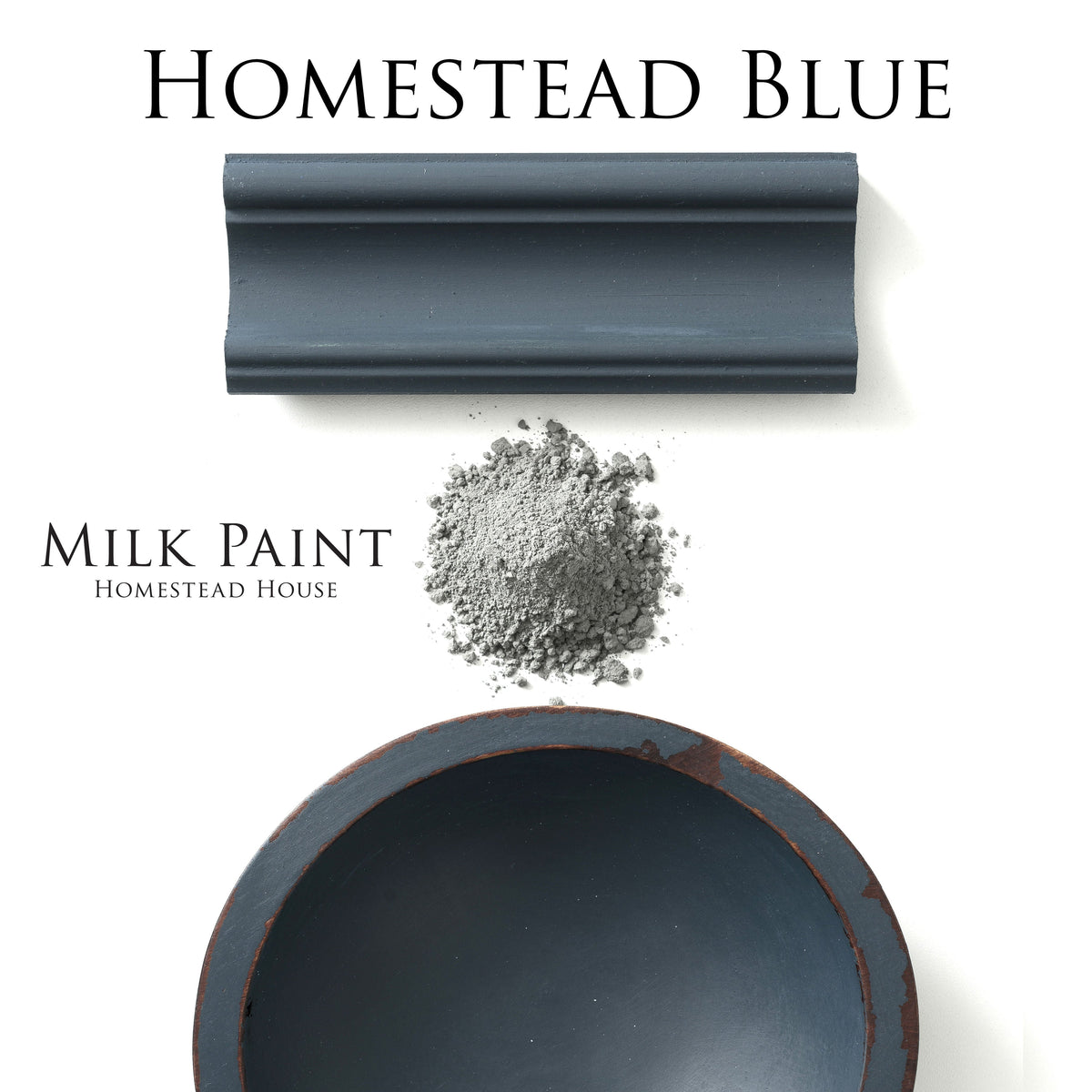 Homestead House Homestead Blue Milk Paint adds vintage blue color to trim, powder pile, and bowl.