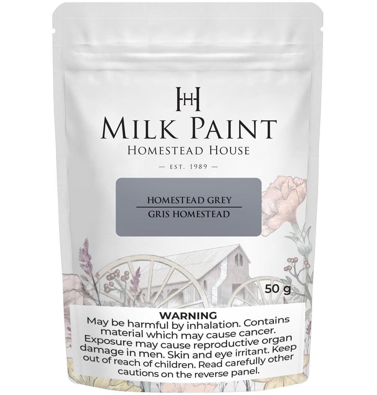 50g bag of Homestead House Homestead Grey Milk Paint with health warning displayed at the bottom of the packaging.