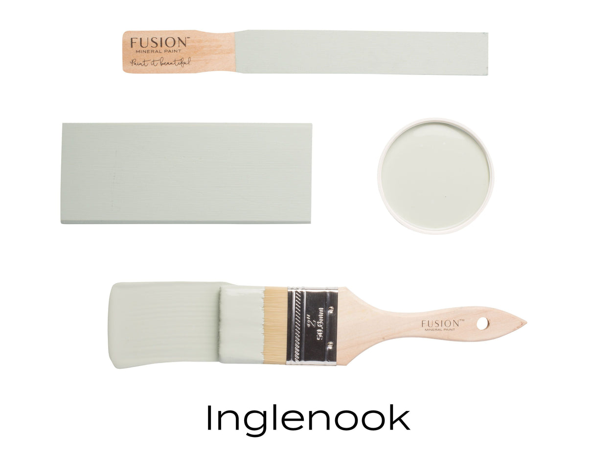 Inglenook Fusion Mineral Paint swatches and brushes, blue-grey acrylic by Fusion Mineral Paint.