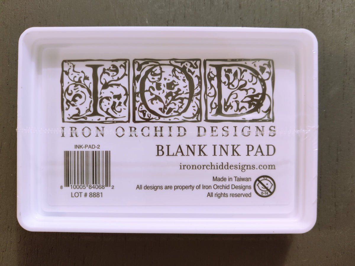 White I.O.D. Ink Pad with Iron Orchid Designs label, ornate logo, and barcode on the lid.