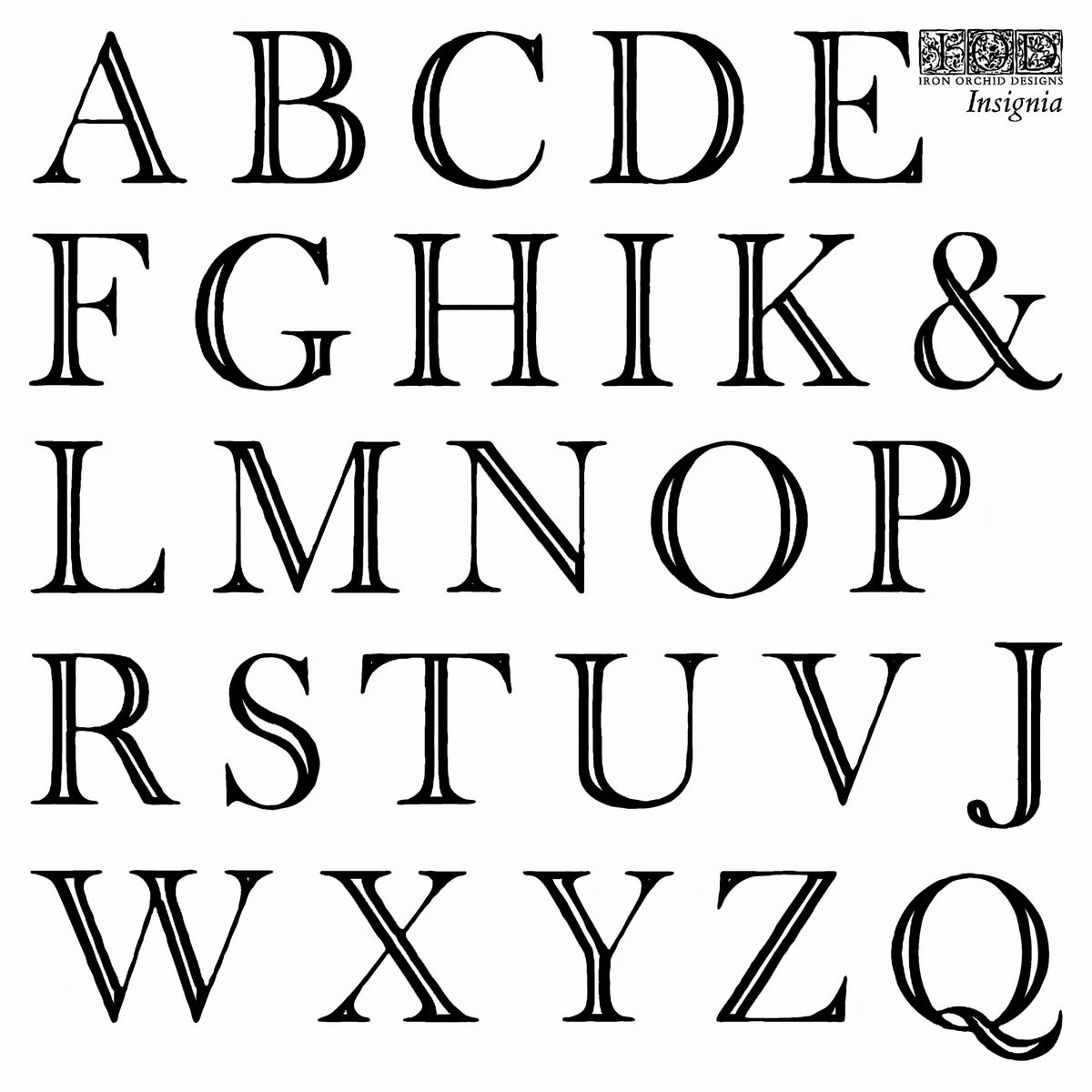 I.O.D. Insignia Mini-Stamp by Iron Orchid Designs showing serif uppercase alphabet chart with ampersand.