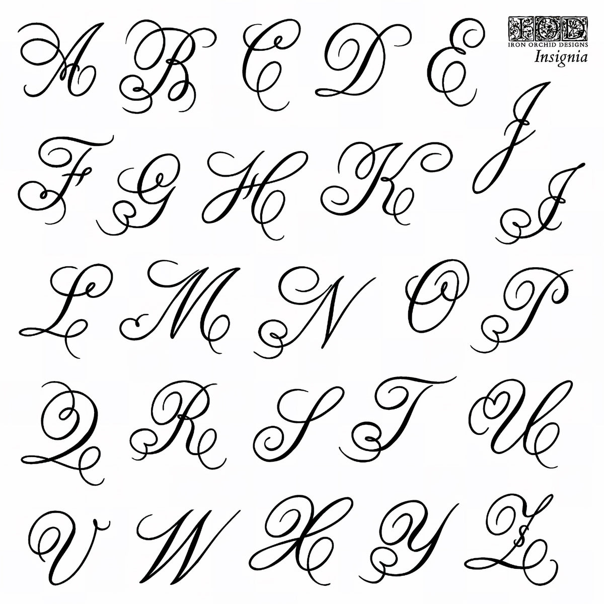 Ornate uppercase A-Z cursive letters for I.O.D. Insignia Mini-Stamp or monogram use by Iron Orchid Designs.
