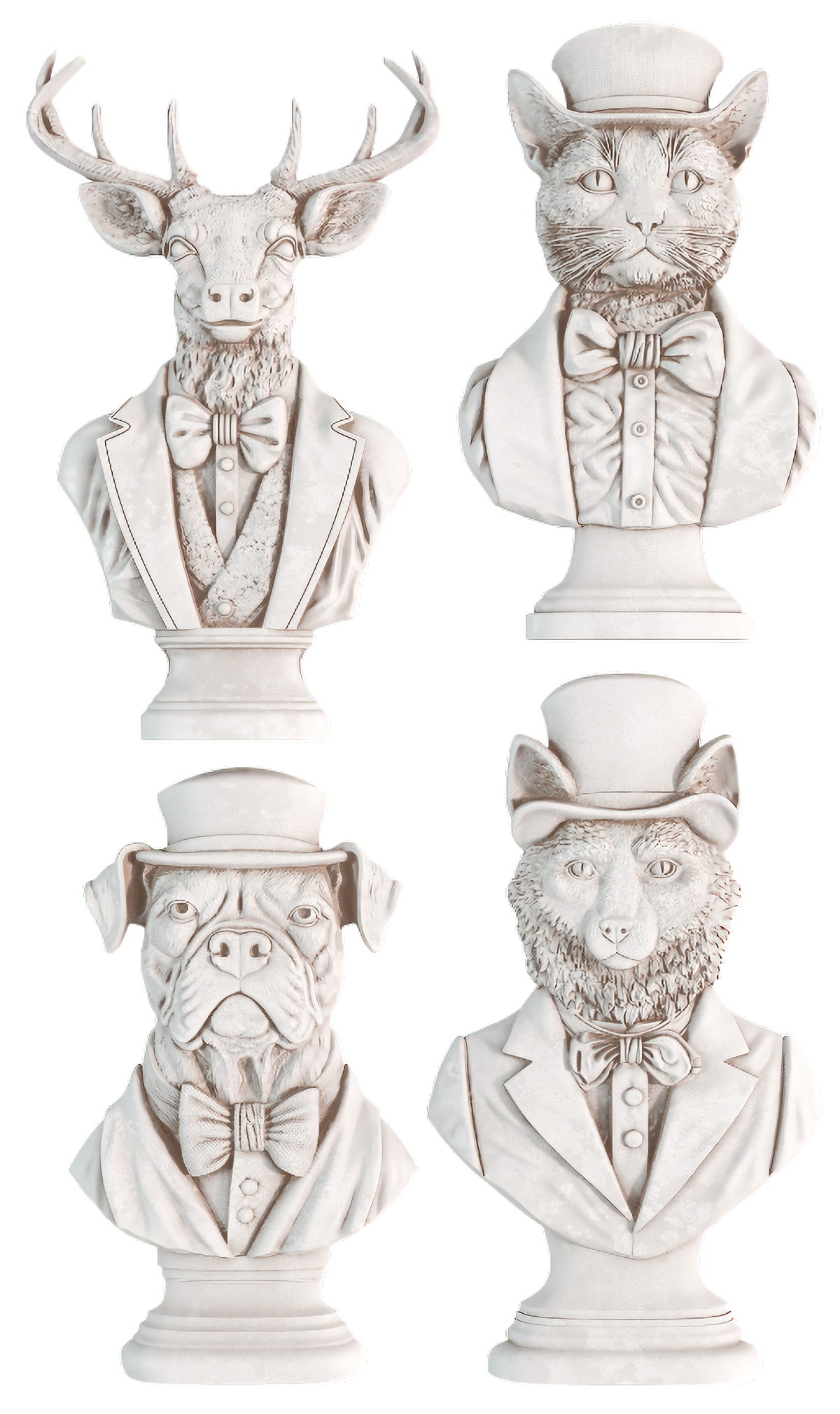 I.O.D. Invitation Only Mould busts: deer, cat, dog, and wolf in suits and top hats on pedestals.