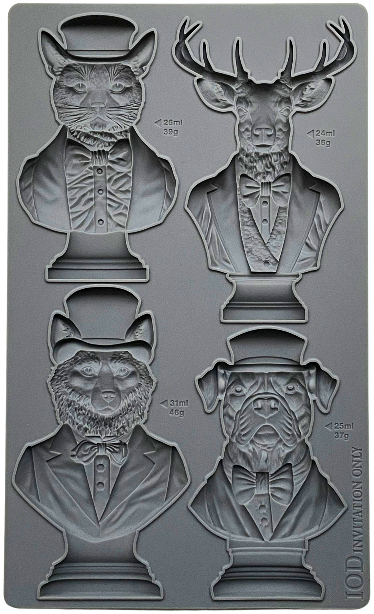 Invitation Only Mould by IOD: four animal busts in suits and hats, volumes labeled. Brand: Iron Orchid Designs.