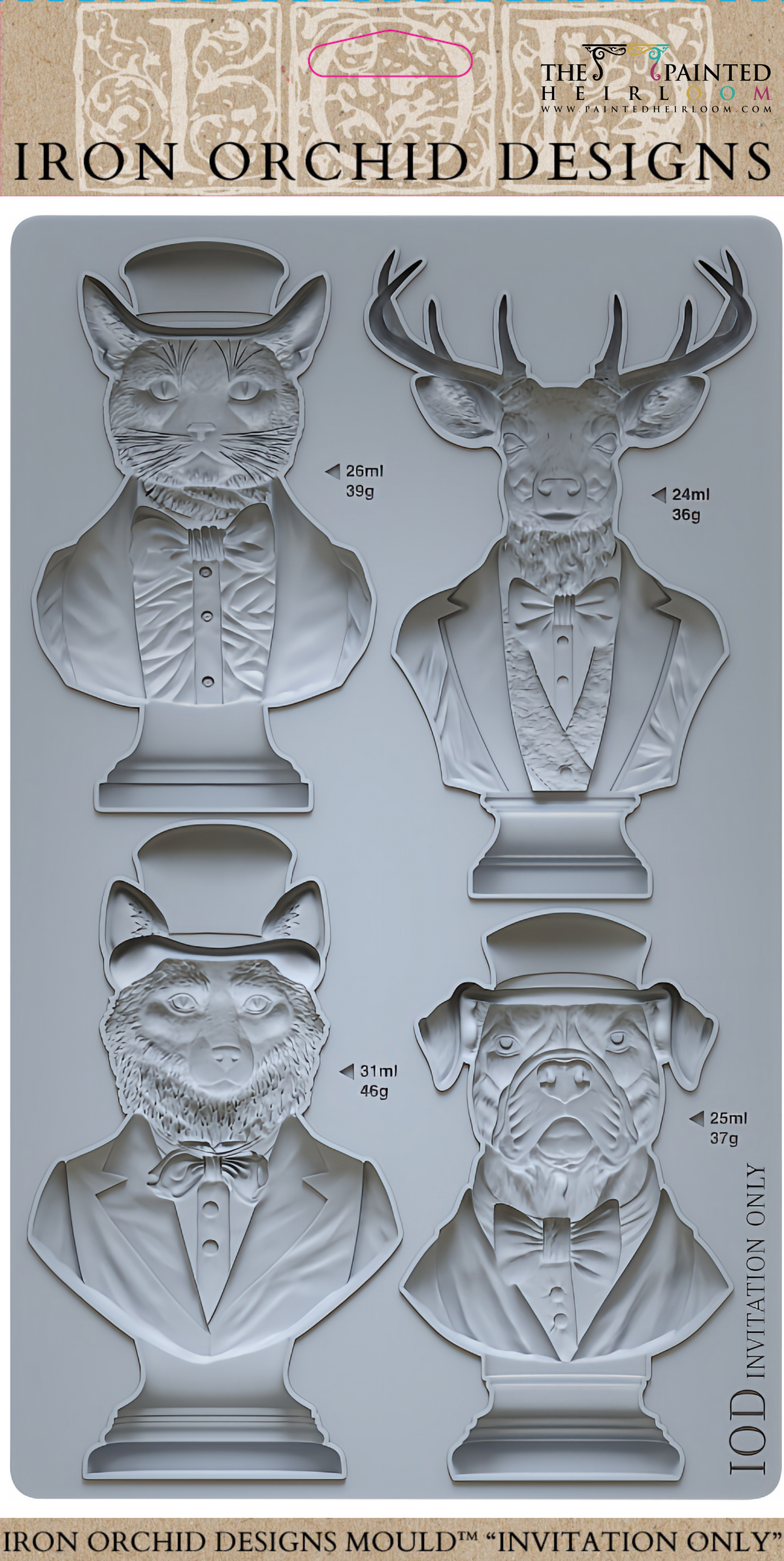 Invitation Only Mould by IOD featuring cat, deer, wolf, and bulldog in suits. Brand: I.O.D.