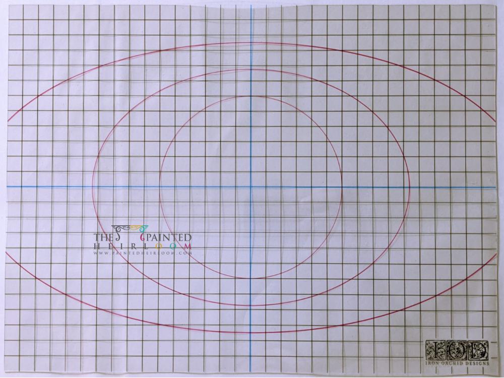 IOD Thin Mount by I.O.D., gridded mat with red ovals and blue guidelines, sized to fit IOD acetate sheets.