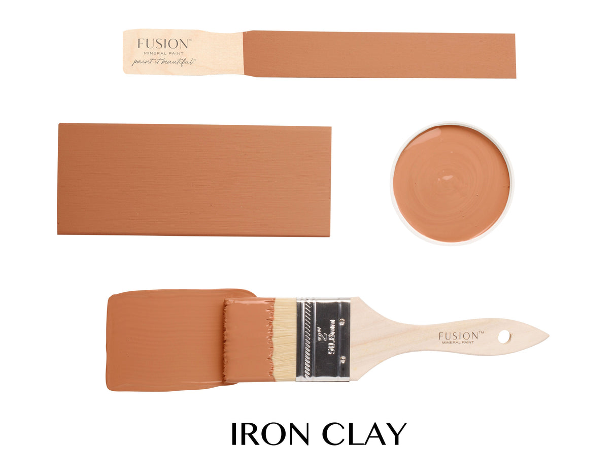 Iron Clay Fusion Mineral Paint swatch, brush, and sample jar in rich terracotta shade.