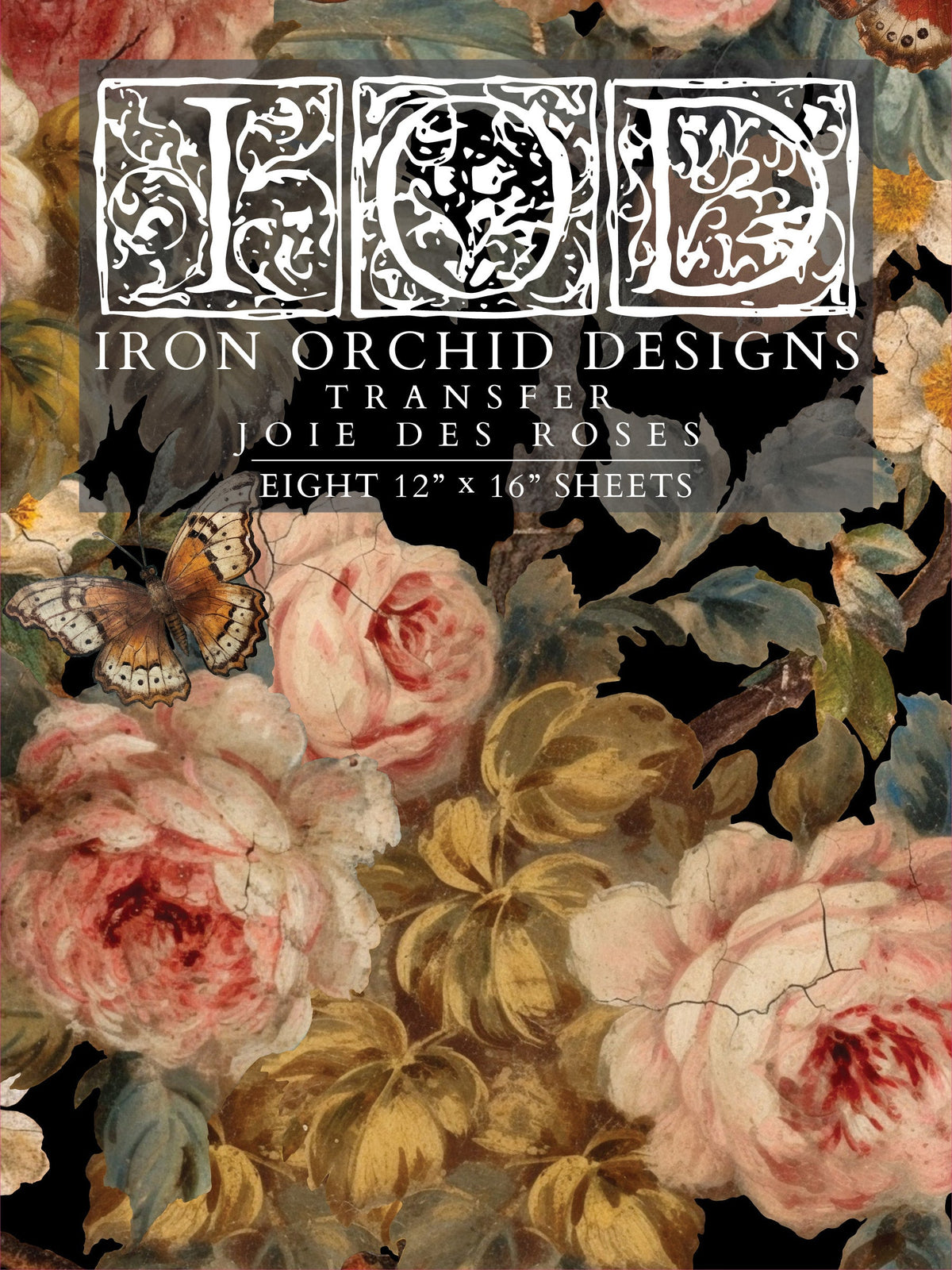 Joie Des Roses Transfer by I.O.D., rose and butterfly motif, set of eight 12x16 sheets for furniture use.
