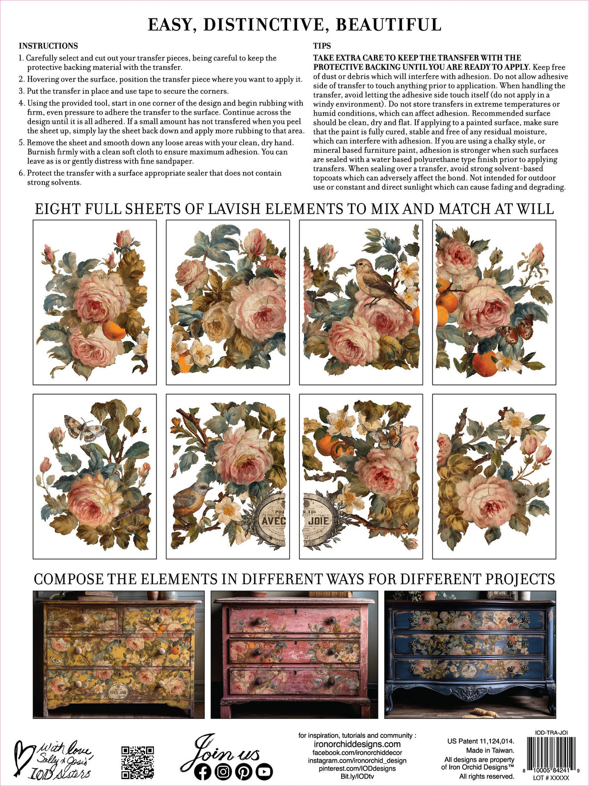 Joie Des Roses Transfer by IOD featuring 8 vintage rose floral designs for furniture decoration.