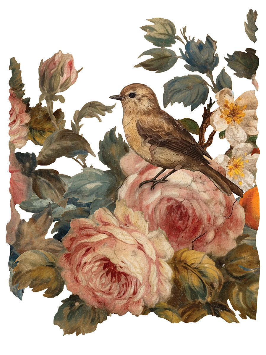 Brown bird perched on a pink rose with green leaves, inspired by I.O.D.’s Joie Des Roses Transfer by Iron Orchid Designs.