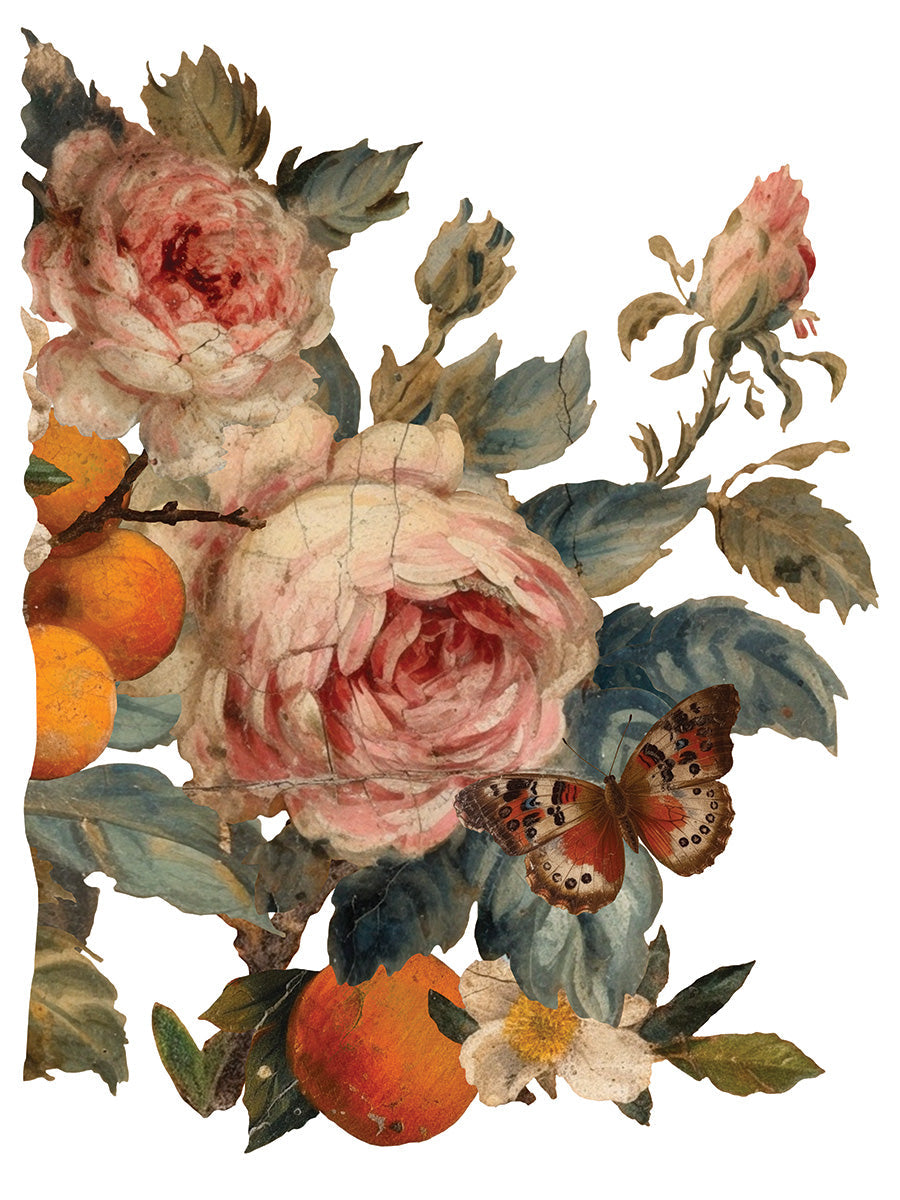 The Joie Des Roses Transfer by IOD with pink roses and green leaves, designed for furniture makeovers.