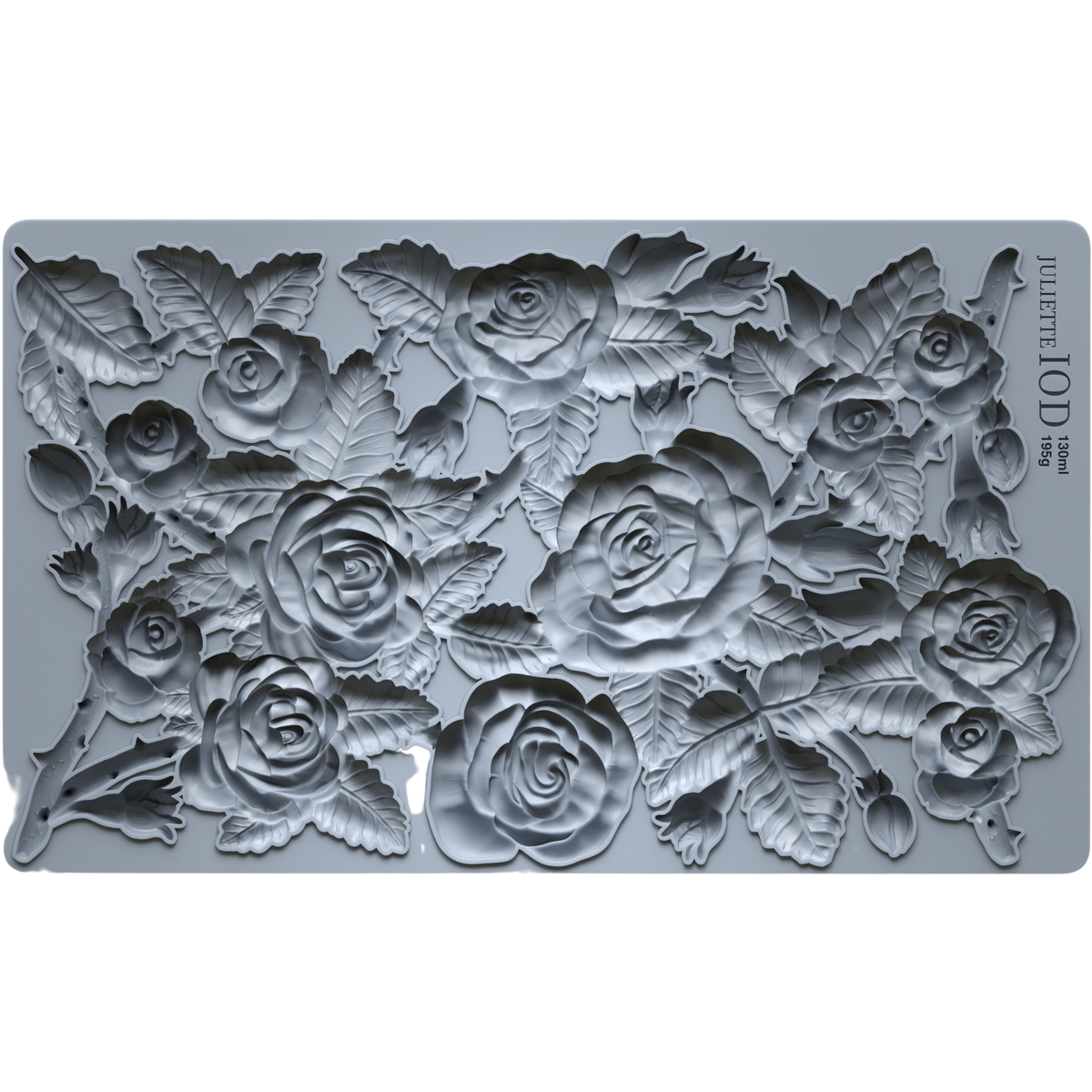 Juliette Mould by IOD, rectangular food-safe silicone with roses, leaves, and “JULIETTE 101” embossed on the side.