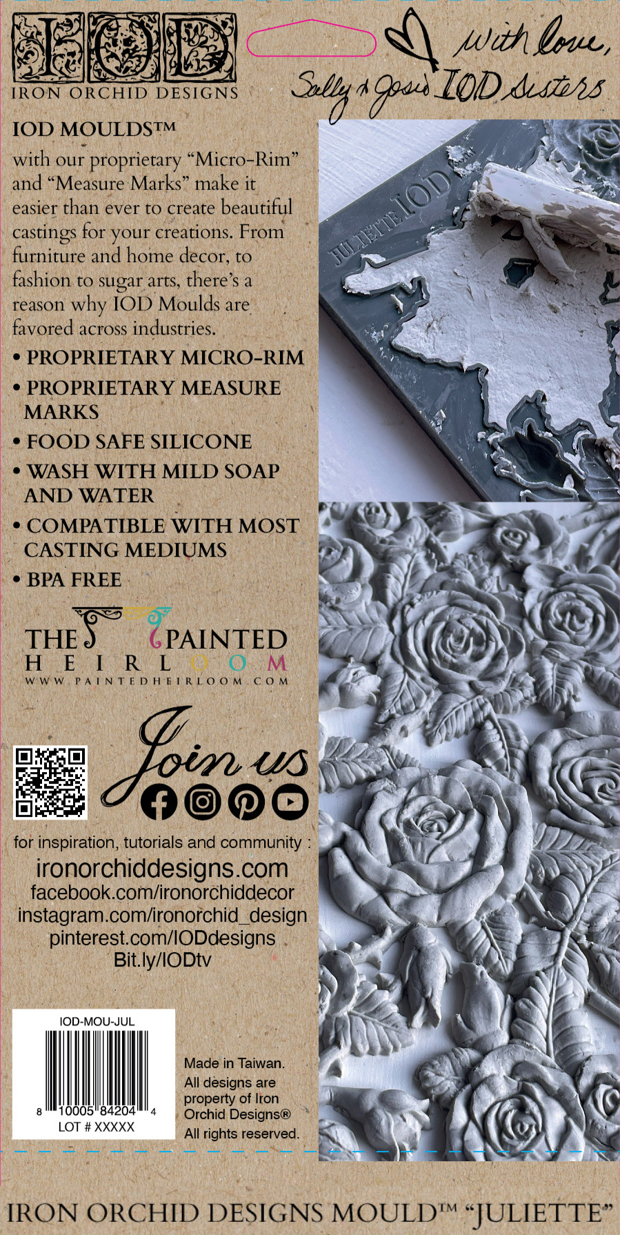 Juliette Mould by I.O.D. with ornate floral design, shown on packaging with QR code and product information visible.