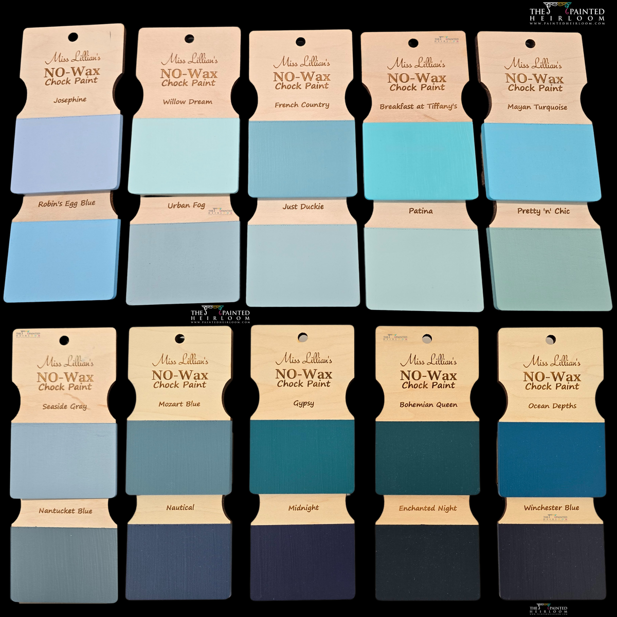 Fifteen blue and green Miss Lillian’s Paint Pretty ‘n’ Chic No-Wax Chock Paint color swatches for furniture.