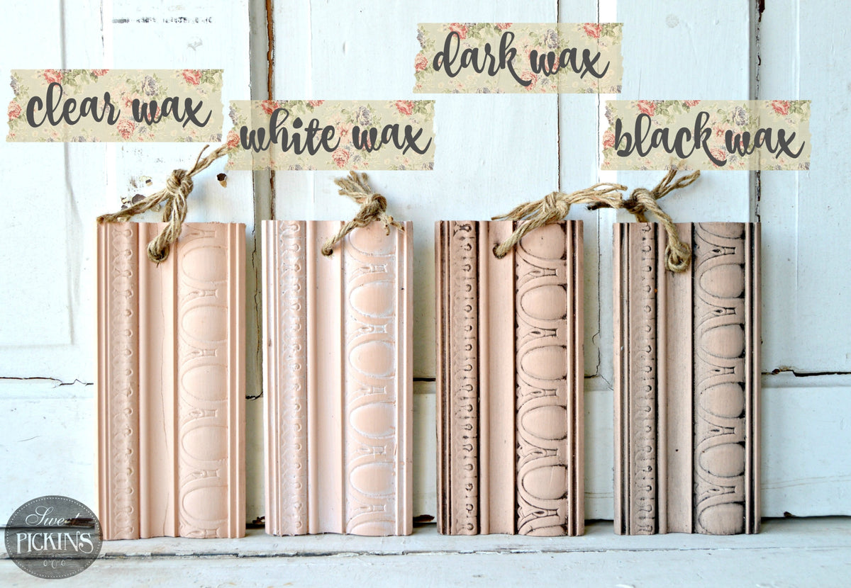 Four trim samples in Just Peachy by Old Fashioned Milk Paint: clear, white, dark, and black wax finishes with twine loops.