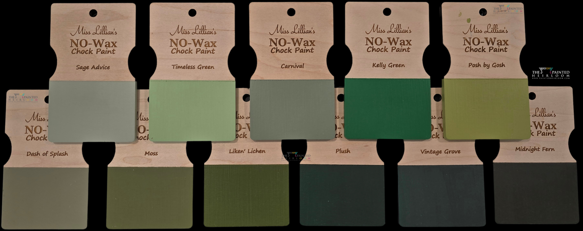 Eight labeled Posh by Gosh No-Wax Chock Paint samples by Miss Lillian’s in green and olive shades, arranged in a row.
