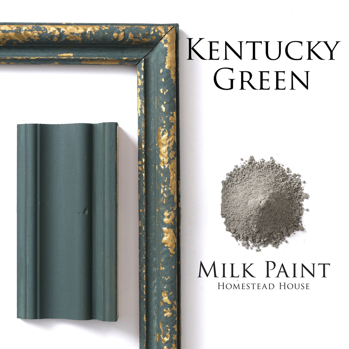 Distressed green and gold frame with Kentucky Green Milk Paint by Homestead House and matching paint sample.