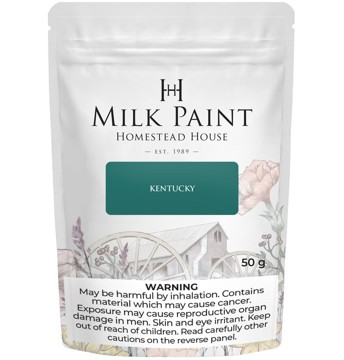 50g pouch of Kentucky Green Milk Paint by Homestead House, with health warning shown at the bottom.