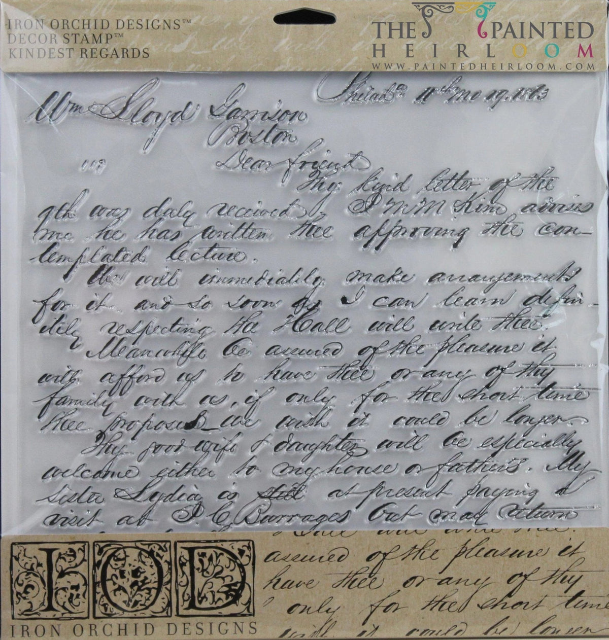 Kindest Regards Stamp by I.O.D., décor stamp sheet with cursive handwriting design and branded header.