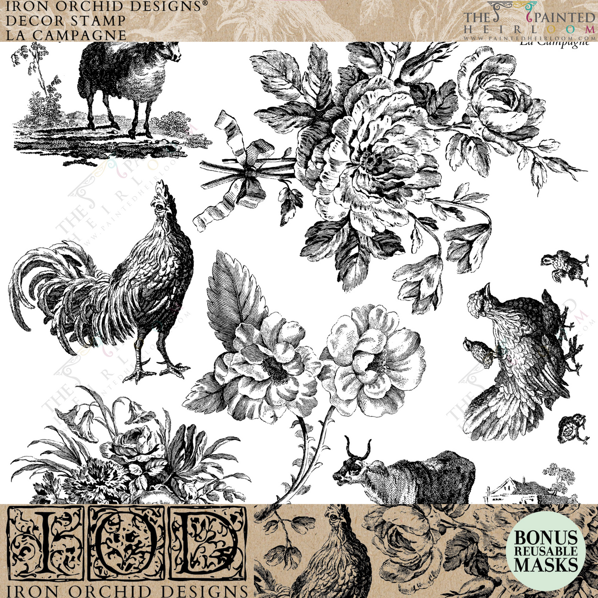 La Campagne Stamp by IOD featuring black & white vintage farm animal, bird, and flower designs.
