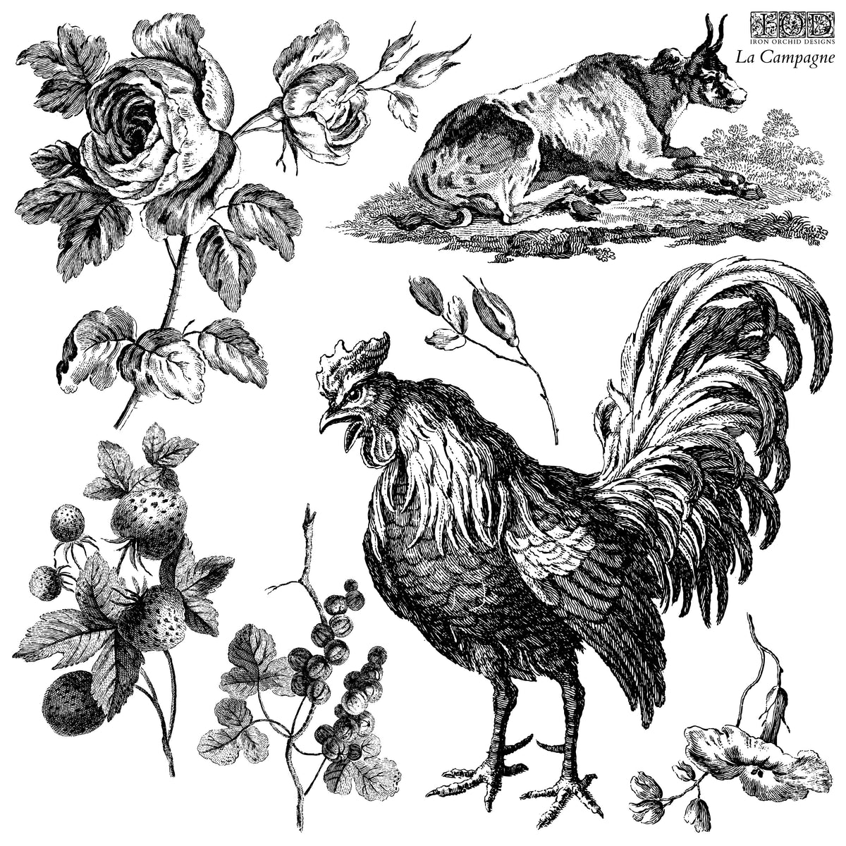 La Campagne Stamp by I.O.D. in black and white, showing cow, rooster, flowers, and berries.