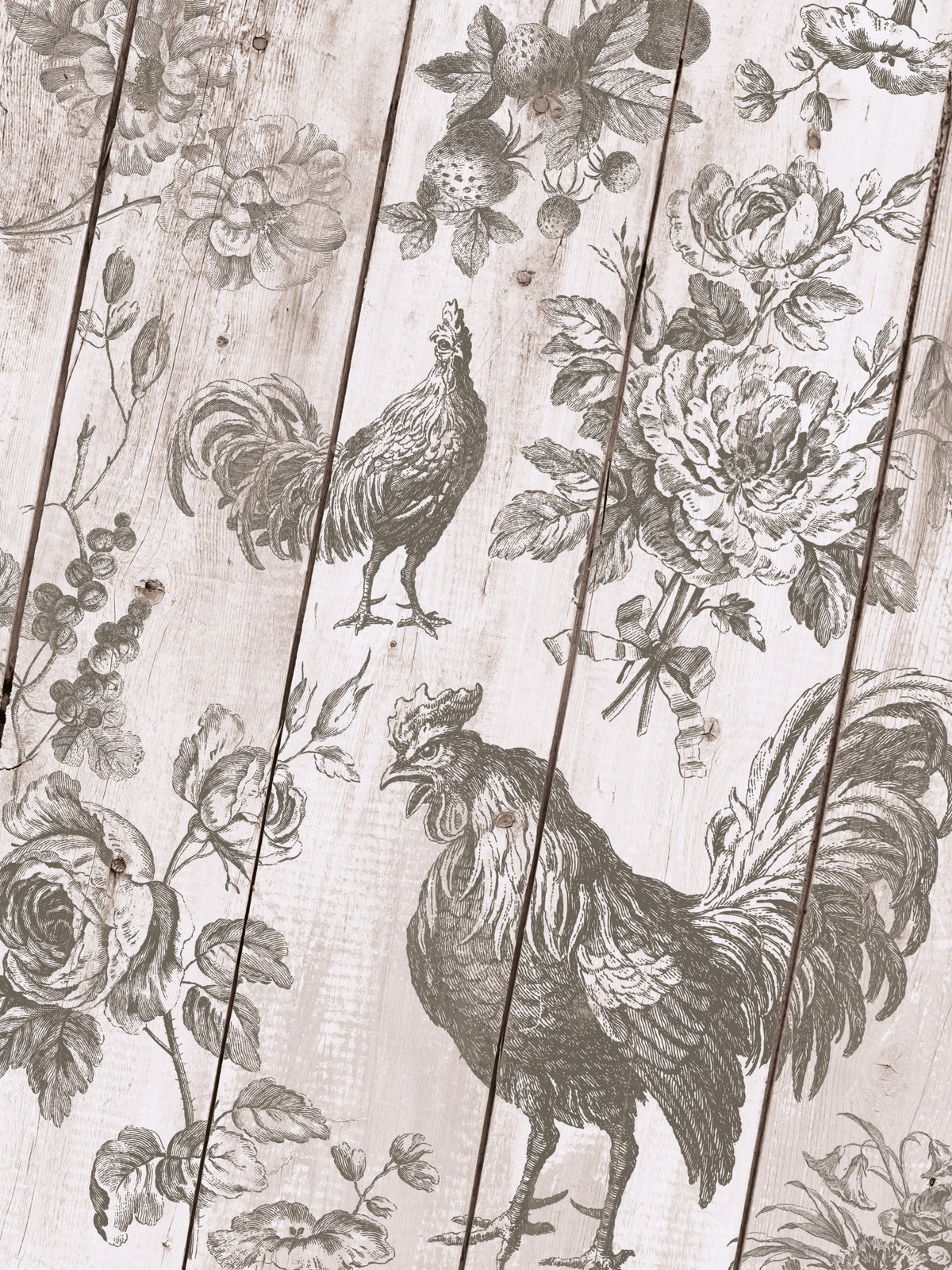 Rustic rooster and floral designs stamped on wood with I.O.D. La Campagne Stamp in vintage monochrome style.