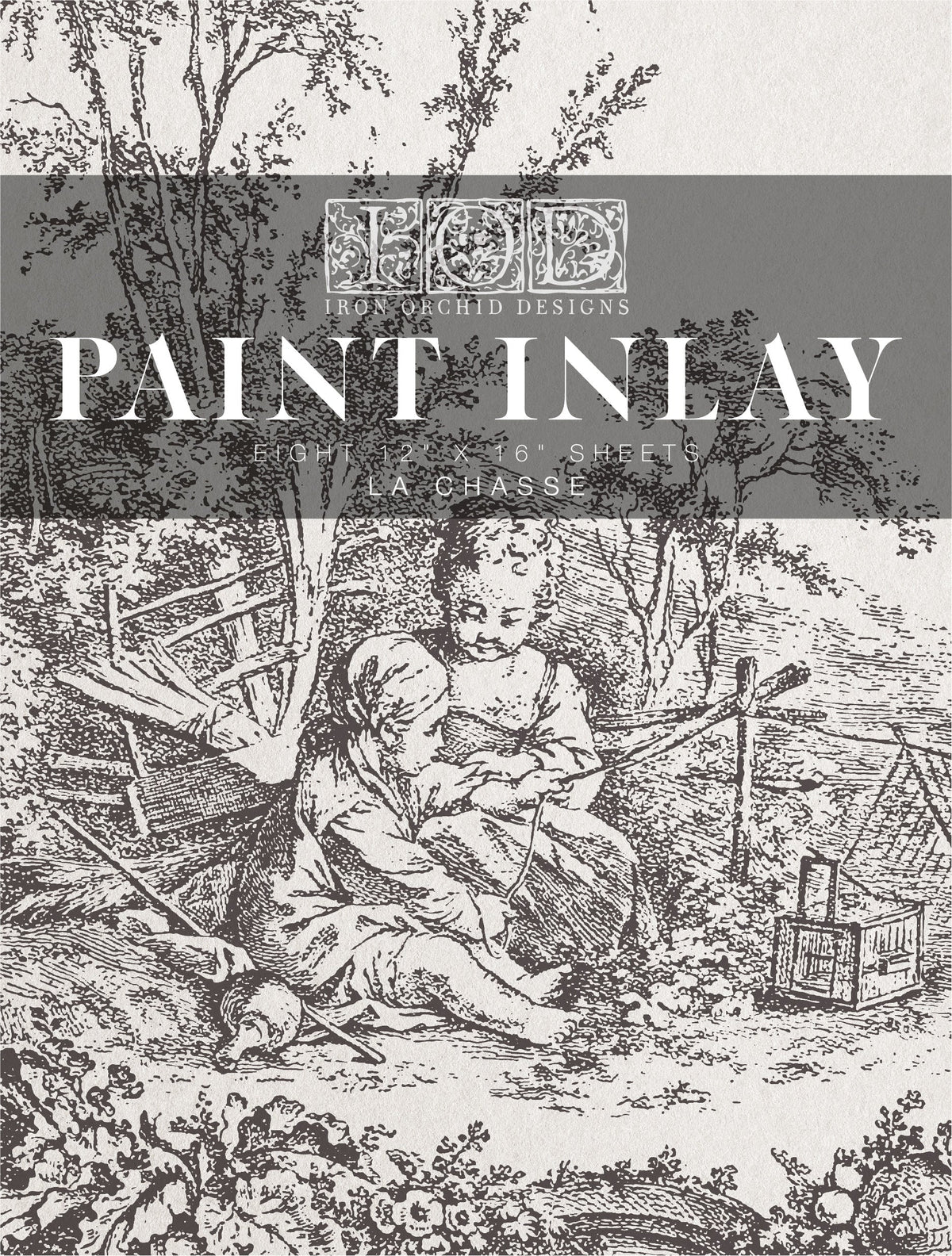 Two children, trees, and a basket design featured on I.O.D. La Chasse Paint Inlay by Iron Orchid Designs.