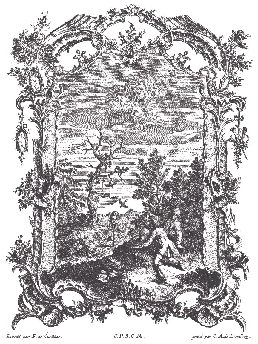 La Chasse Paint Inlay by I.O.D., featuring two figures with a tree and birds, for decorative craft use.