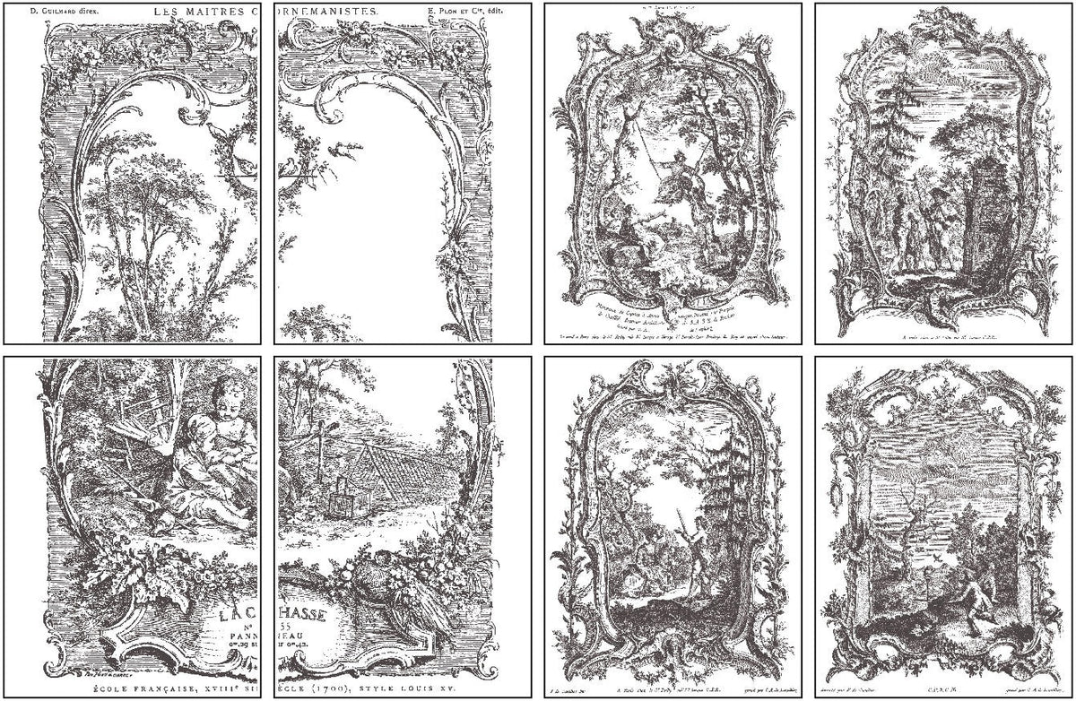 Eight black-and-white framed illustrations from I.O.D. La Chasse Paint Inlay displayed in a grid.