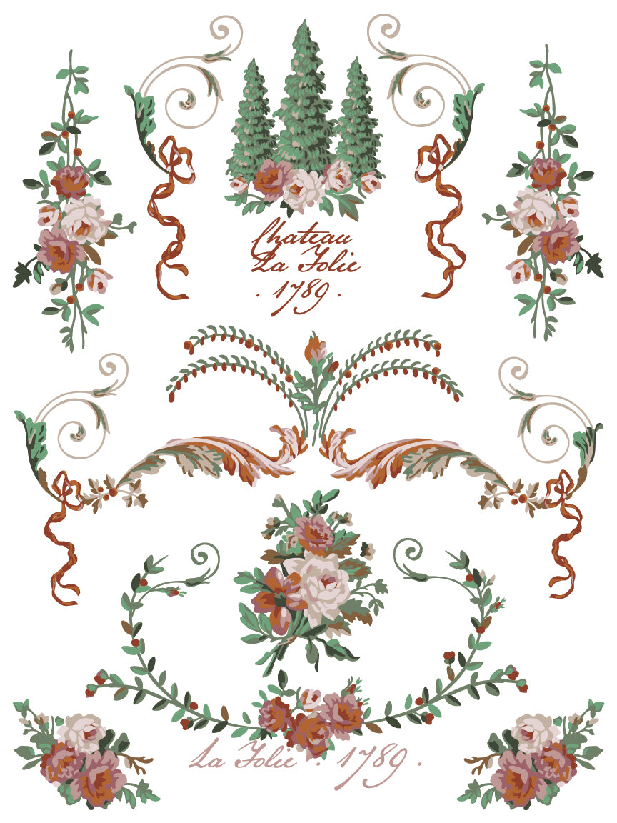 La Folie Paint Inlay by I.O.D. with floral, ribbon, and tree motifs inspired by French folk art.