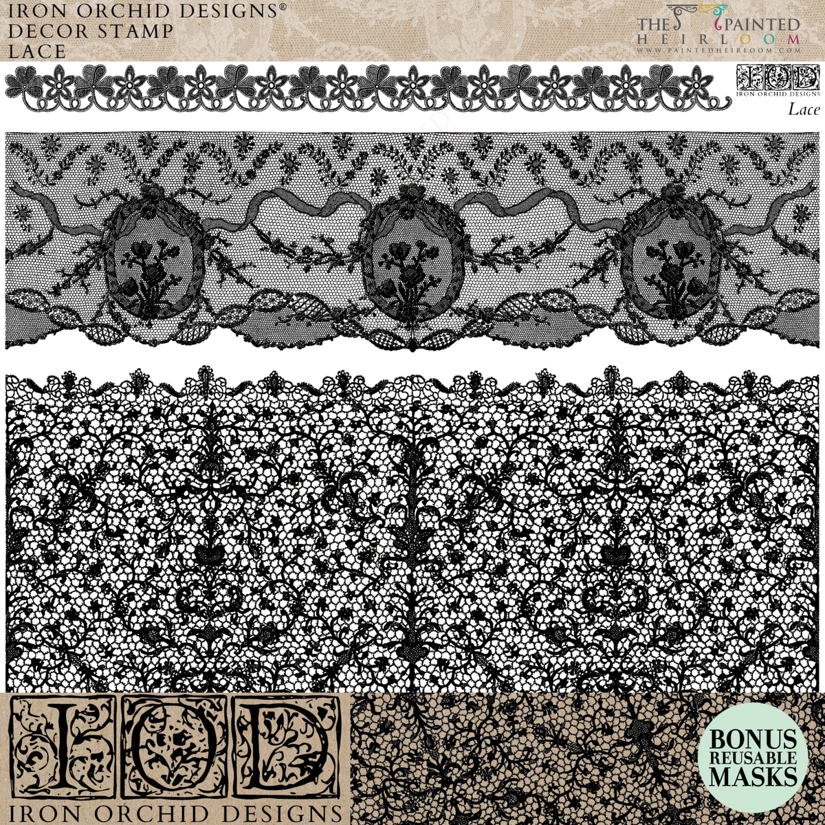 Three black I.O.D. Lace Stamp designs and reusable masks from Iron Orchid Designs.