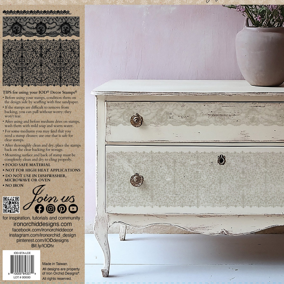White distressed dresser decorated with I.O.D. Lace Stamp by Iron Orchid Designs, stone vase on left side.
