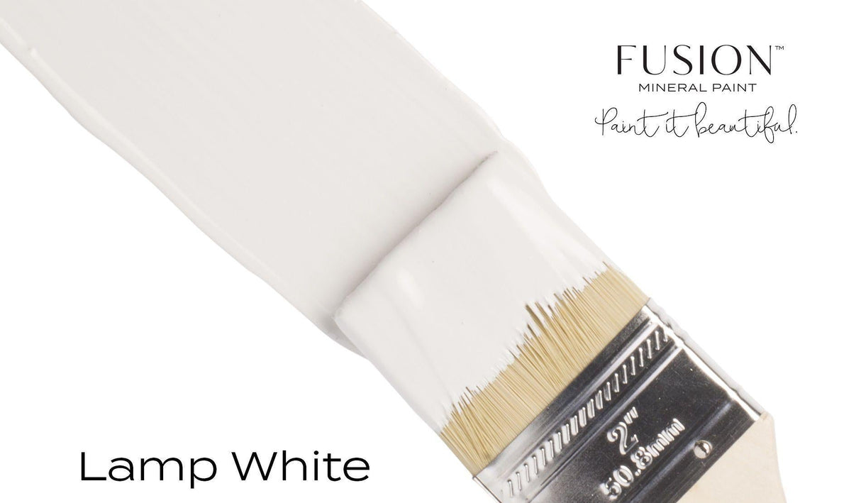 Brush with Lamp White Fusion Mineral Paint; Fusion Mineral Paint branding at top right.