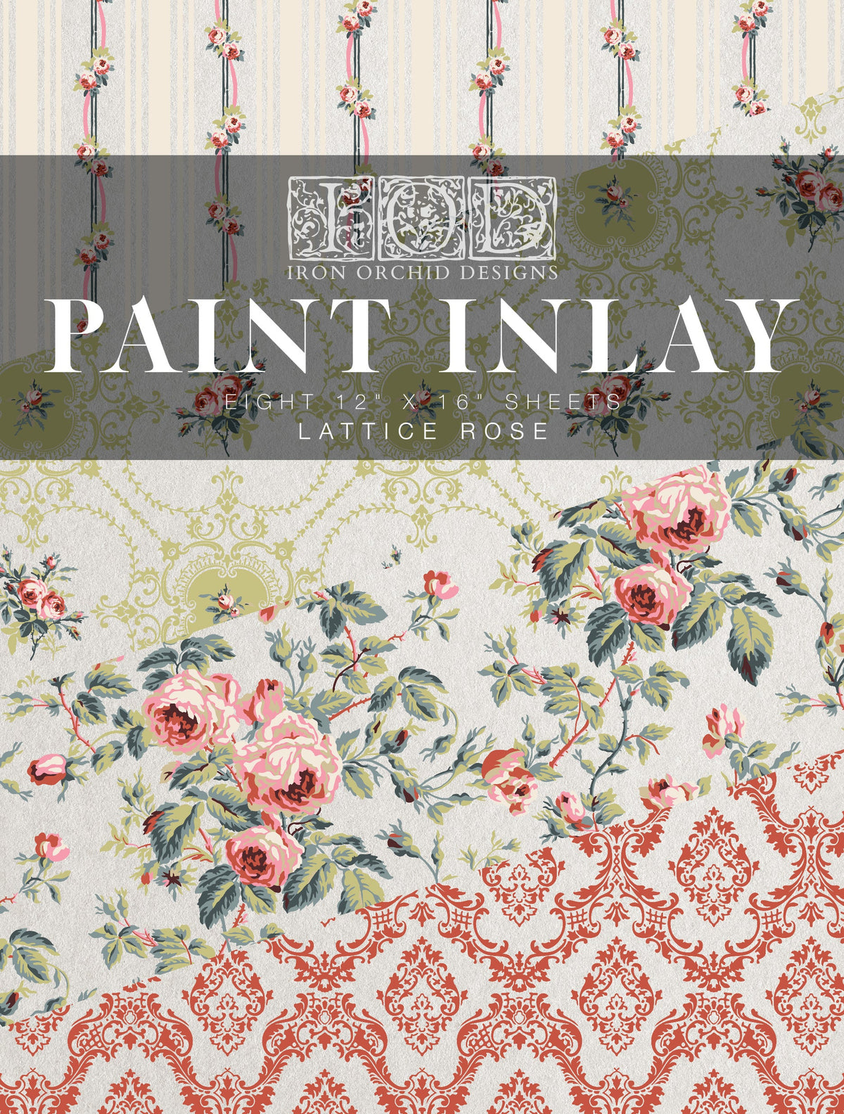 Lattice Rose Paint Inlay by I.O.D. with vintage floral, damask, and lattice rose patterns in pink, red, and green.