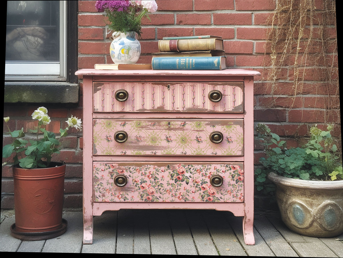 Pink dresser with books, flowers, and I.O.D. Lattice Rose Paint Inlay displayed on top.