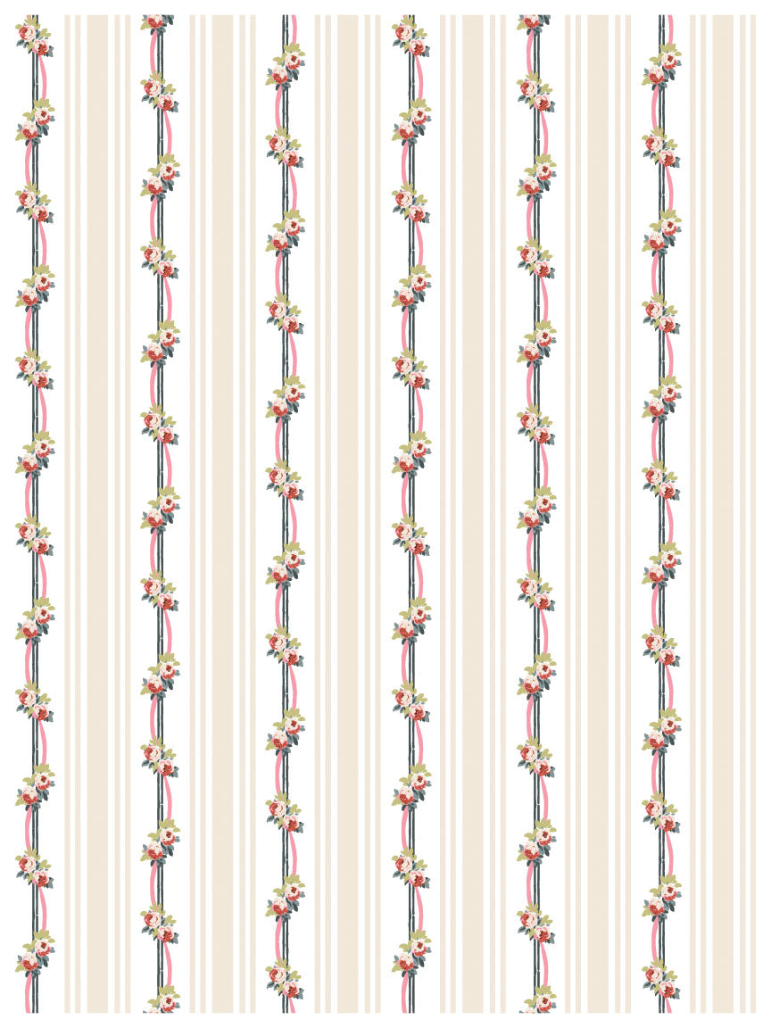 Lattice Rose Paint Inlay by I.O.D. with vintage beige and white stripes and pink florals.